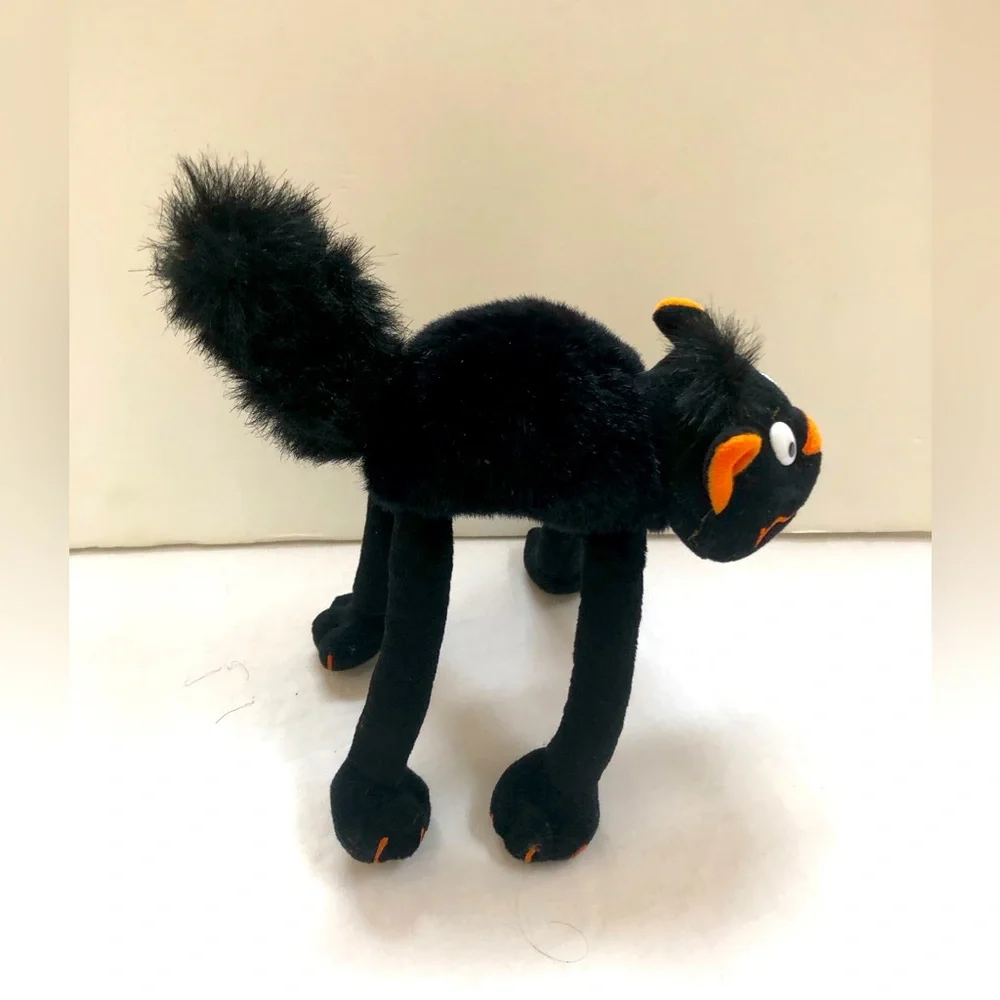 Black Cat Posable Weighted Feet Furry Tail Plush Decor Orange Nose
